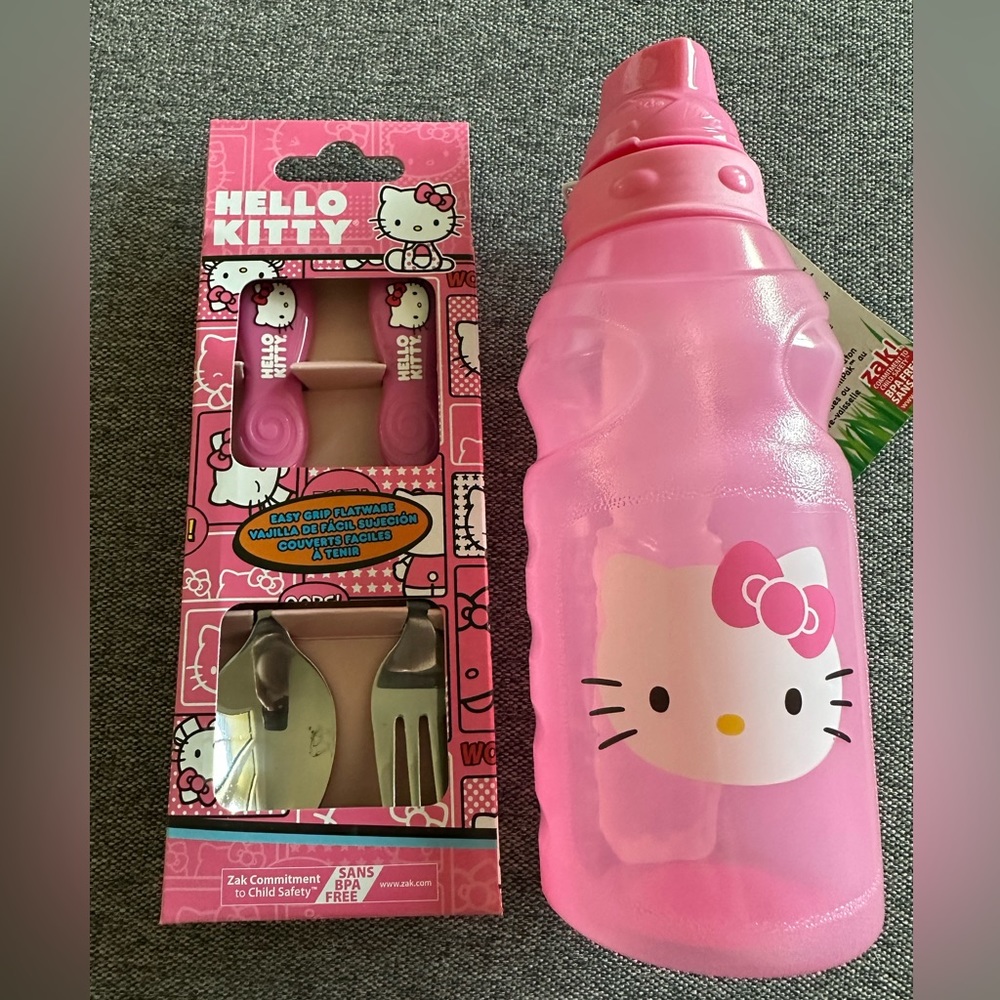 Hello Kitty Pink Water Bottle & Spoon Fork Utensil Set Sanrio ZAK